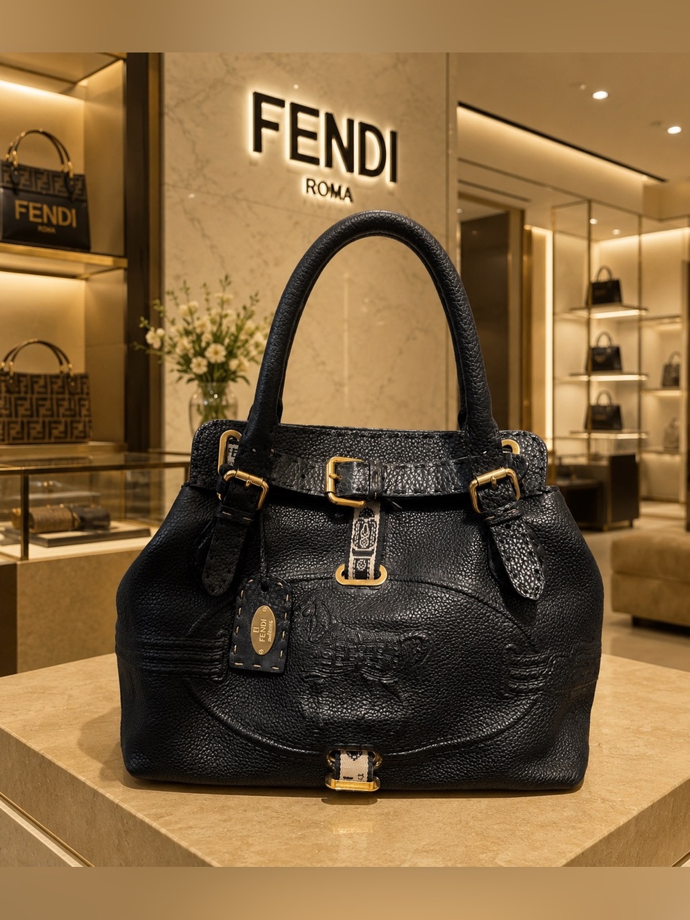 Authentic Fendi Selleria Small Black Pebbled Leather Horse Embossed Handbag|Rare